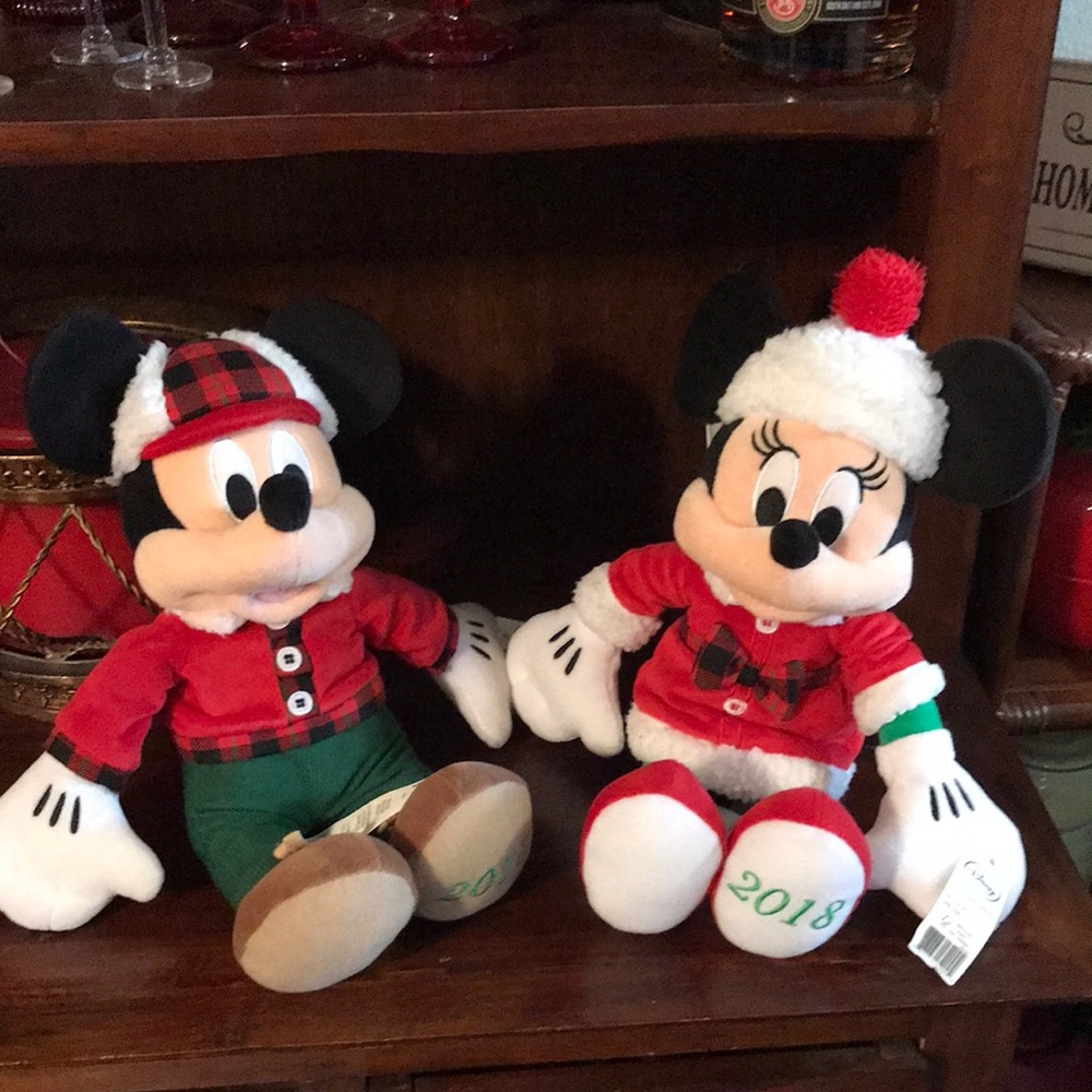 Disney Red, Green and Black Holiday Mickey & Minnie Plush Pair
